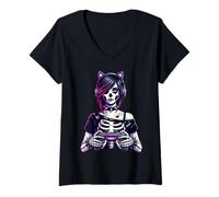 Donna Gamer Goth Girl Emo Scheletro Orecchio di Gatto Arte Got Maglietta con Collo a V