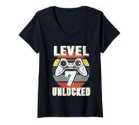Donna Gamer Level 7 Unlocked Video Game 7th Birthday Maglietta con Collo a V