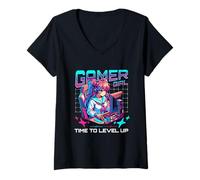 Donna Gamer Ragazza Tempo per Salire di Livello Videogioco Ragazza Gaming B-Day Maglietta con Collo a V