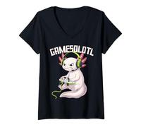 Donna Gamesolotl Axolotl Gamer Videogiochi Divertente Gioco Kawaii Maglietta con Collo a V