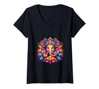 Donna Ganesh Simbolo Yoga Indù Elefante Dio Ganesha Puja Maglietta con Collo a V