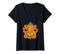 Donna Ganesh Simbolo Yoga Indù Elefante Dio Ganesha Puja Maglietta con Collo a V