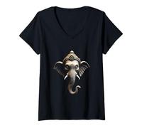 Donna Ganesha Head Hindu Dio Art Maglietta con Collo a V