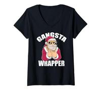 Donna Gangsta Wrapper - Meme di Babbo Natale Maglietta con Collo a V