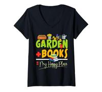 Donna Garden And Book Is My Happy Place Libri Giardino Maglietta con Collo a V