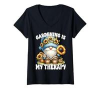 Donna Gardening Is My Therapy Floral Sunflower Gnome For Summer Maglietta con Collo a V