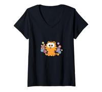 Donna Garfield Too Cute To Care Floral Chibi Front & Back Maglietta con Collo a V