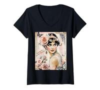 Donna Gatsby Ragazze ruggenti Anni Venti Moda Trend Maglietta con Collo a V
