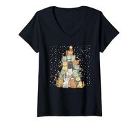 Donna Gatti Merry Christmas Tree Winter Snow Cat Lovers Kitten Xmas Maglietta con Collo a V