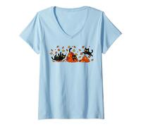 Donna Gatti Neri Che Giocano tra Le Foglie Autunnali Maglietta con Collo a V