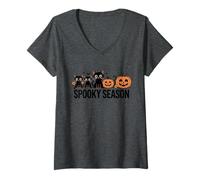 Donna Gatti Neri e zucche di Halloween - Carino Spooky Cat Lover Maglietta con Collo a V