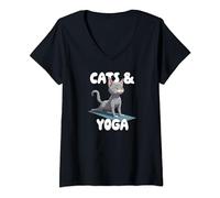 Donna GATTI & YOGA - Simpatico gatto grigio che fa yoga e pilates Maglietta con Collo a V