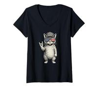 Donna Gattino Cool Cat Love Cap US Flag Glasses Retro Rock Music Maglietta con Collo a V