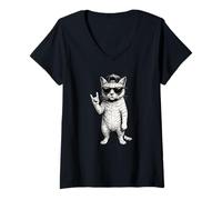 Donna Gattino Cool Cat Rocking Cap Retro Rock Concerto Musica Lover Maglietta con Collo a V