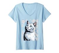 Donna Gattino Floreale Bianco con Fiori di Gatto Maglietta con Collo a V