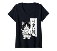Donna Gattino Kawaii Gatto Samurai - Kawaii Baby Neko Maglietta con Collo a V