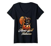 Donna Gattino Magico di Halloween con Zucca e Cappello Maglietta con Collo a V
