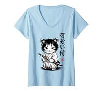 Donna Gattino Samurai Gatto - Kawaii Baby Neko Maglietta con Collo a V