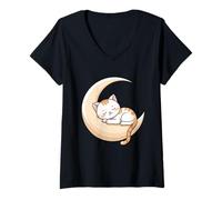 Donna Gatto Addormentato sulla Luna - Arte Notturna Maglietta con Collo a V