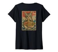 Donna Gatto Affamato Che Mangia Pad Thai Noodles Stile Poster Maglietta con Collo a V