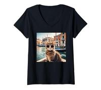 Donna Gatto ai canali di Venezia Maglietta con Collo a V