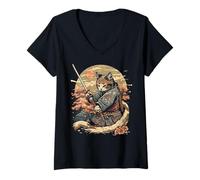 Donna Gatto arte giapponese Ninja Ukiyo-e Anime Style Samurai Cat Maglietta con Collo a V