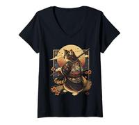 Donna Gatto arte giapponese Ninja Ukiyo-e Anime Style Samurai Cat Maglietta con Collo a V
