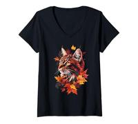 Donna Gatto Autunno Foglie Autunno Natura Rosso Scuro Maine Coon Cat Maglietta con Collo a V