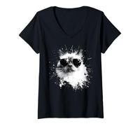 Donna Gatto Birman con Occhiali da Sole Bianco Splash Art Cats Cool Maglietta con Collo a V