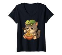 Donna Gatto Carino Che Mangia Ramen, per Bambini e Tartarughe | Kawaii Kitten Maglietta con Collo a V