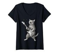 Donna Gatto che suona la chitarra rock star rock and roll amante dei gatti arte Maglietta con Collo a V