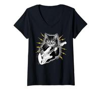 Donna Gatto che suona lo strumento della chitarra elettrica su Cat Guitarist Maglietta con Collo a V