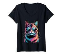 Donna Gatto colorato per donne ragazze uomini ragazzi - simpatico gatto arcobaleno Maglietta con Collo a V