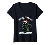 Donna Gatto con Cappello di Babbo Natale Merry Catmas Black Cat luci di Natale Maglietta con Collo a V