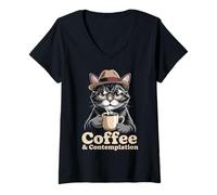 Donna Gatto Contemplazione Caffè Maglietta con Collo a V