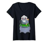 Donna Gatto Cuoco Calderone della Strega Cucinare Maglietta con Collo a V