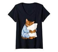 Donna Gatto del Bengala Che Dorme in Pigiama Carino Sonno Maglietta con Collo a V