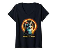 Donna Gatto di Eclissi Solare 12 Agosto 2026 Design dello Spazio Maglietta con Collo a V