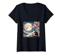 Donna Gatto di Montagna Giapponese sotto la Luna Sakura Cherry Blossom Maglietta con Collo a V