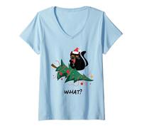 Donna Gatto Divertente Che bussò all'albero di Natale, Gatto Nero Maglietta con Collo a V