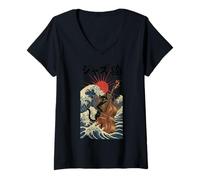 Donna Gatto Divertente Che Suona Il Contrabbasso per Musicista Jazz Maglietta con Collo a V