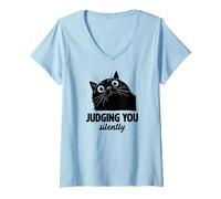 Donna Gatto Divertente Judging You Silently Japanese Estetic Black Cat Maglietta con Collo a V