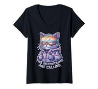 Donna Gatto Divertente sciatore Invernale The Meowtains Are Calling Maglietta con Collo a V