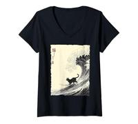 Donna Gatto Divertente Surfing The Great Wave Giapponese Ukiyo-e Cat Maglietta con Collo a V