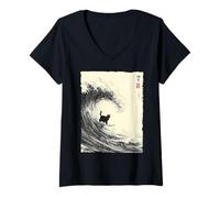 Donna Gatto Divertente Surfing The Great Wave Giapponese Ukiyo-e Cat Maglietta con Collo a V