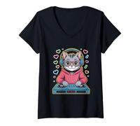Donna Gatto Dj Con Cuffie E Cuori Colorati Maglietta con Collo a V