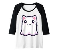 Donna Gatto Fantasma Pastello Goth Kawaii Halloween Boo Maglia con Maniche Raglan
