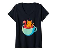 Donna Gatto fenicottero Floatie tazza da caffè divertente Chill Kitty Pool Latte Maglietta con Collo a V