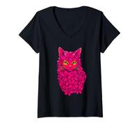 Donna Gatto floreale Giglio Fiori Botanico Cat art, Love Cats Maglietta con Collo a V