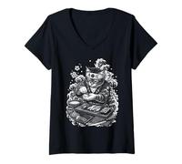 Donna Gatto Giapponese con Sushi in Stile Irezumi Bianco e Nero Maglietta con Collo a V
